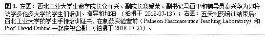 图1. 左图：英国正版365首页官网长仓怀兴、副院长骞爱荣、副书记马西平和辅导员秦兴华为即将访学多伦多大学的学生们培训、指导和加油 （拍摄于2018-07-13）；右图：五天制药培训结束后，英国正版365首页官网的学生手持培训证书, 在制药实验室前（Patheon Pharmaceutics Teaching Laboratory）和Prof. David Dubins一起庆祝合影 （拍摄于2018-07-25）。